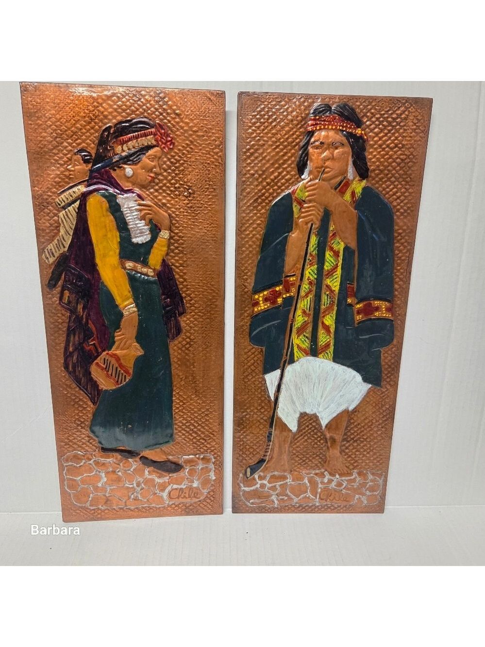 Vintage Chile Hand-painted Hammered Copper Mapuche Indigenous Wall Art